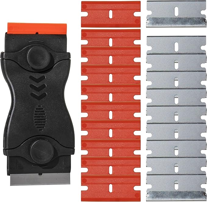 Mighty Melt Multi-Surface Plastic Scraper Tool - Non-Scratch - for Removing Burnt Food, Tough Stains & Stickers from Glass, Ovens, & More - Adhesive Remover - 10 Metal & 10 Plastic Blades