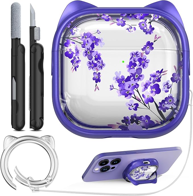 RFUNGUANGO AirPods 4 Case for Women Girly Cat Case with Lock, Phone Stand, Keychain & Cleaner Kit, Compatible with Apple Airpods 4th Generation Case Cover, Wisteria