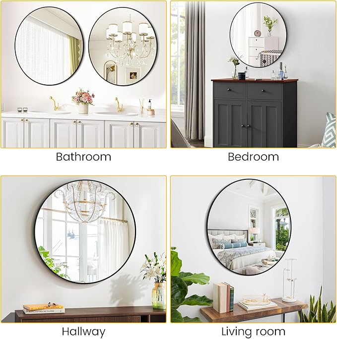 GarveeHome Round Miror, 18 in Small Aluminum Alloy Frame Circle Mirror, High Definition Eco-Friendly Black Round Bathroom Mirror for Over Sink, Wall Mirror for Entryway, Bathroom, Vanity