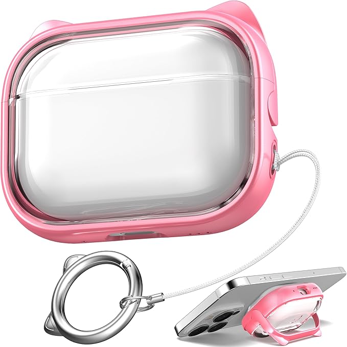 for AirPods Pro 2 Case with Cleaning Kit, Cute Cat Ear Print Design & Cute Buckle for Girls, Phone Holder & Top Safe Lock Buckle Design for AirPods Pro 2nd/1st Gen case, Clear Flowers