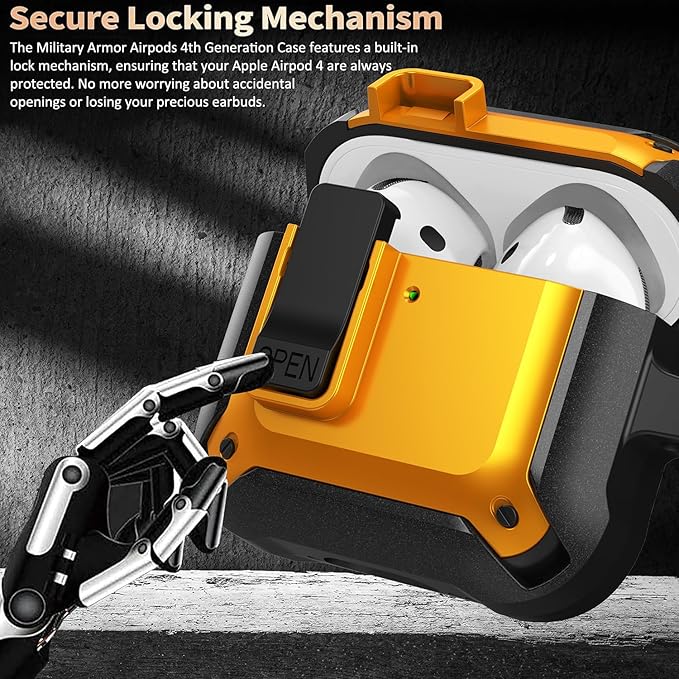 for Airpods 4 Case with Lock Clip, Rugged Apple Airpods 4th Generation Cover 2024 Men Women, Armor Shockproof iPod 4 Gen Protective Hard Shell with Carabiner&Cleaner kit,Black/Yellow