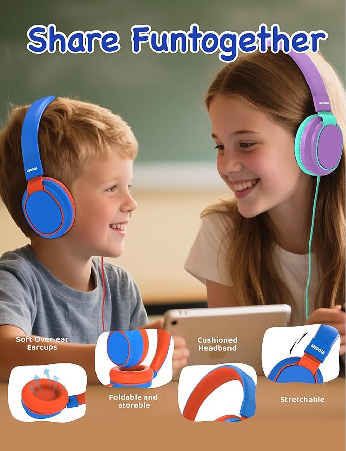 MIDOLA Kids Headphone Wired Volume Limited 85/94dB Over-Ear/On-Ear Foldable Headset with Microphone Hearing Protection Headphones for Toddler Boy Girl Child School Learning Pad Tablet Blue