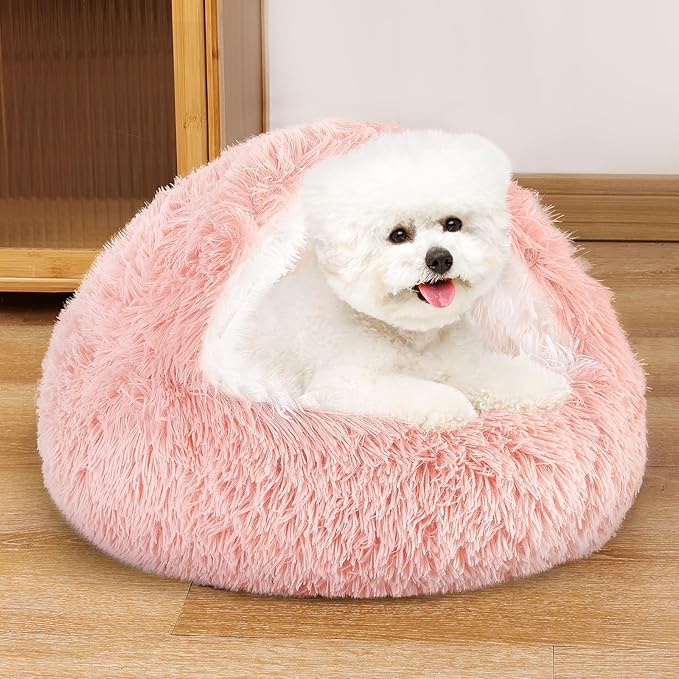 NOYAL Round Hooded Donut Dog Bed for Small & Medium Pets - Plush Fluffy Anti-Anxiety Cat Cave Bed with Cover