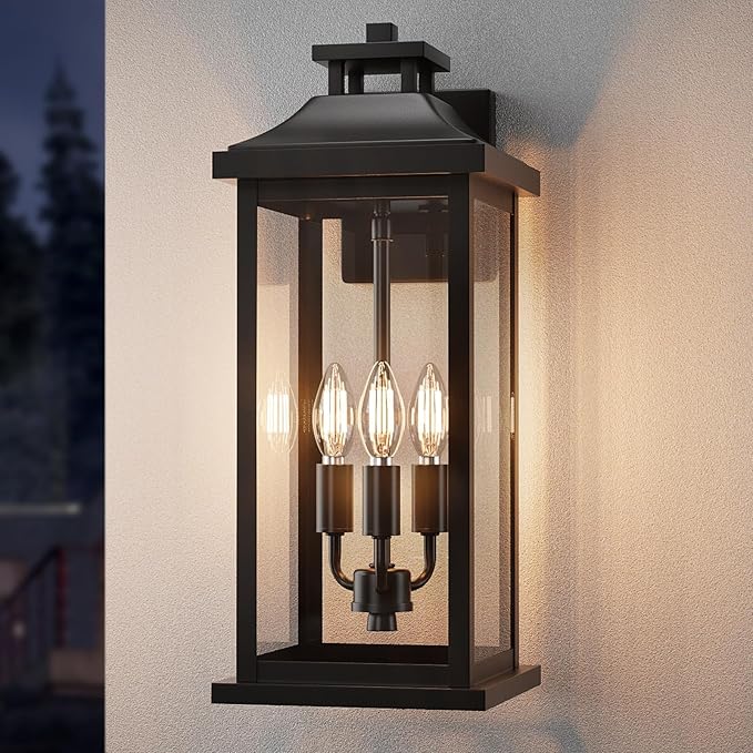 Large Outdoor Light 3-Light 20" Black Exterior Lighting Fixture, Modern Outside Wall Mounted Porch Sconce, Waterproof Patio Garage Garden Carriage Lantern Lamp for House E12, 1-Pack