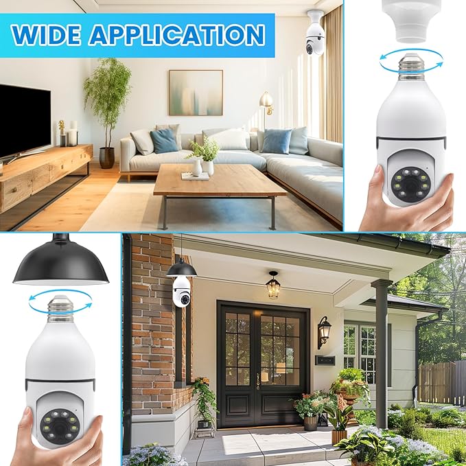 Light Bulb Security Camera, 2K/3MP Outdoor Camera Wireless 2.4G Hz WiFi E27 Camera for Home Security, 24/7 Recording, Motion Detection and Alarm