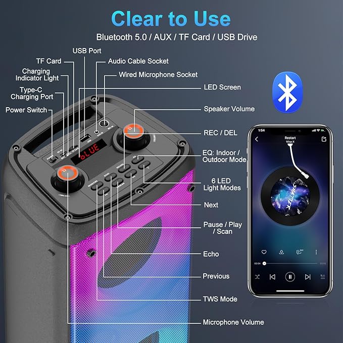 Bluetooth Speaker, 80W Peak Outdoor Speakers Bluetooth Wireless, TWS Portable Party Speakers with Subwoofer, Deep Bass, LED Colorful Lights, Loud Stereo Sound Boombox for Home, Camping, Travel