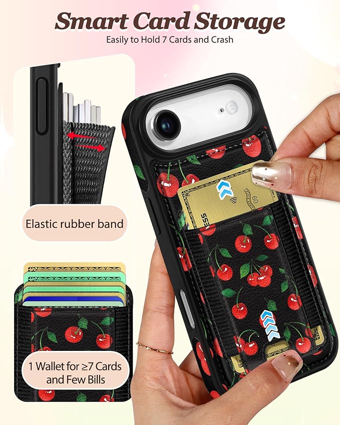 Shorogyt for iPhone Air Wallet Case - Fits 5 Cards, Compatible with Magsafe Detachable Magnetic Credit Card Holder Leather Cardholder Cute Phone Cover Women Girls for Apple 17 Air, Cherry