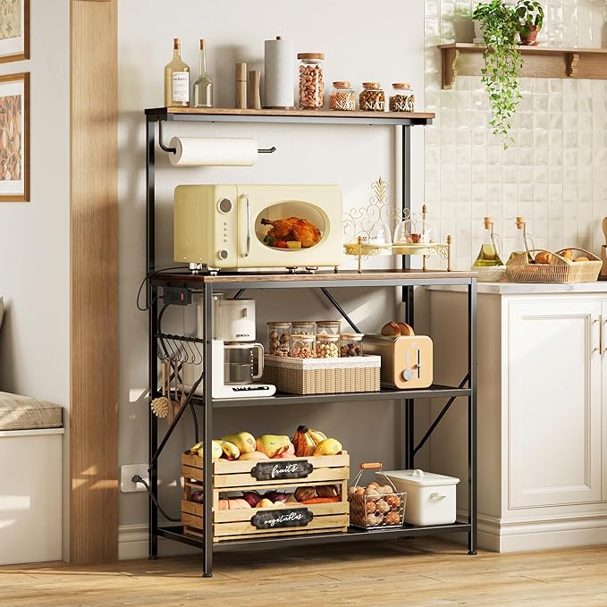 Huuger 4-Tier Bakers Rack with Reversible Power Outlet, 31.5 Inch Microwave Stand with Paper Towel Holder, Kitchen Bar, Larger Storage with Top Shelf, 6 S Hooks, Rustic Brown
