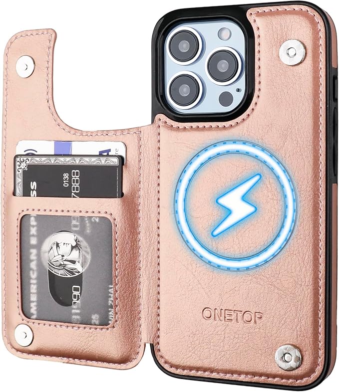 ONETOP Compatible with Magsafe for iPhone 13 Pro Wallet Case with Card Holder, PU Leather Kickstand RFID Blocking Case, Double Magnetic Clasp and Durable Shockproof Cover 6.1 Inch (Rose Gold)