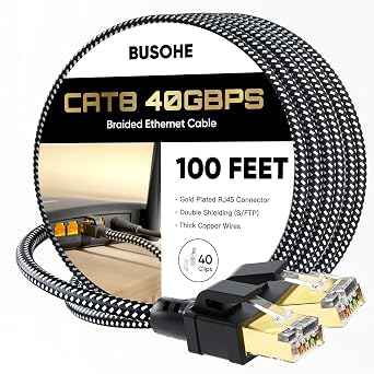 BUSOHE Cat 8 Ethernet Cable 100 FT, High Speed 40Gbps 2000Mhz Braided Network Internet Cable with Gold Plated RJ45 Connector, Heavy Duty LAN Cable S/FTP UV Resistant for Router/Gaming/PC, 40 Clips