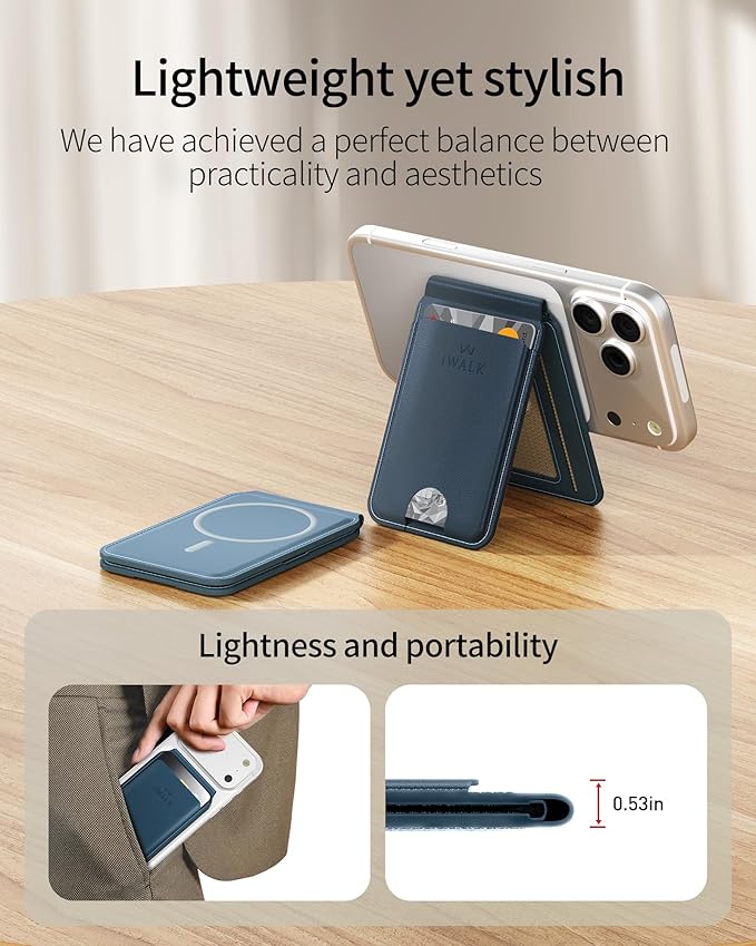 iWALK Stronger Magnetic Wallet, Upgraded for MagSafe Wallet, RFID Blocking, 5 Card Holder with Adjustable Stand, Slim Leather Phone Wallets for iPhone 16/15/14/13/12 Series, iPhone Wallets Navy Blue