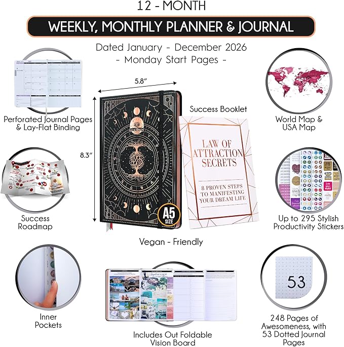Law of Attraction Planner 2026 Deluxe with Productivity App | Weekly & Monthly Goal-Setting Planner, Life & Gratitude Journal | Include Foldable Vision Board, Gift Box & Stickers