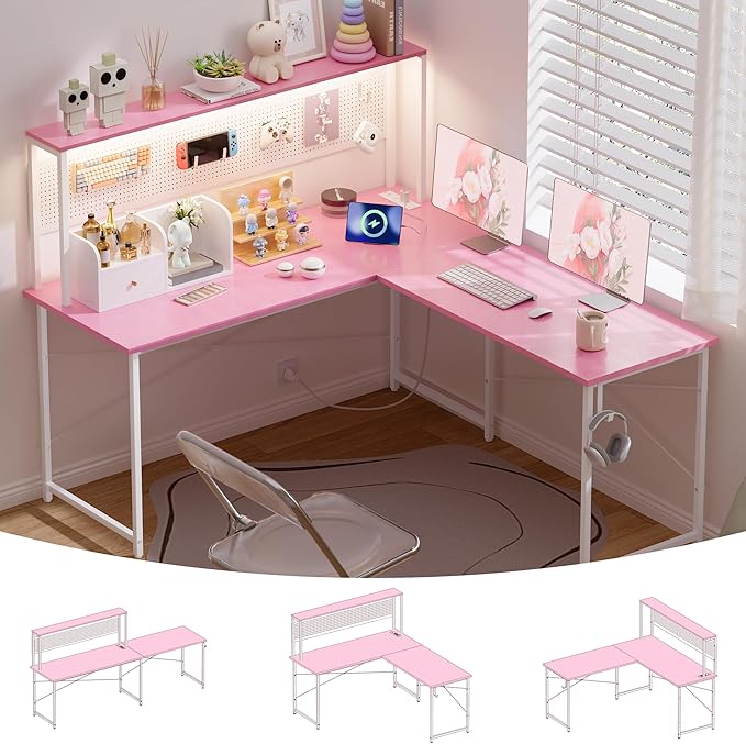 Pamray 60 Inch L Shaped Gaming Desk with LED Lights and Power Outlets Reversible Corner Computer Desk with Pegboard Storage Shelves Home Office Table for Work Study Pink