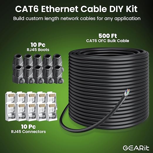 GEARit Cat6 Outdoor Ethernet Cable (Cat 6 DIY Kit - 500ft Bulk Cable | x10 RJ45 | x10 Boot) 23AWG OFC Pure Copper, FTP, LLDPE, Waterproof, Direct Burial, In-Ground, UV, POE, Network, LAN, Internet