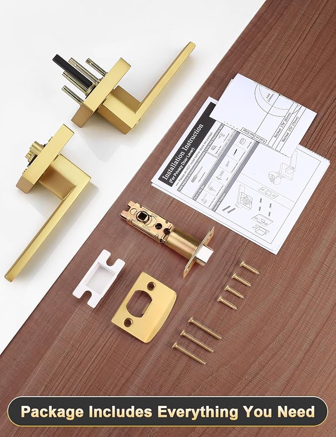 3 Pack Gold Keyless Square Levers Handles, Satin Brass Finish, Interior Passage Door Locksets for Hall Closet Door Knobs Lock Reversible Right & Left Handed