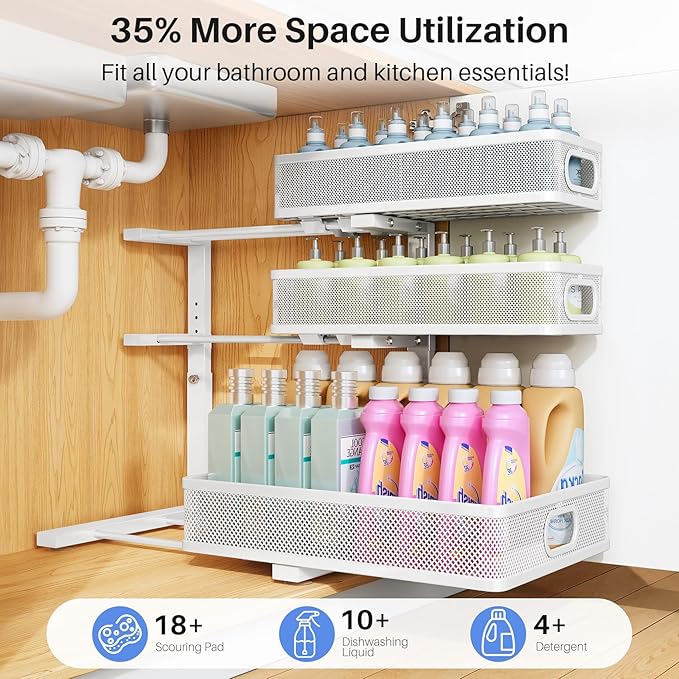 HERJOY Under Sink Organizer, 2-Pack 3-Tier Height Adjustable Thickened Metal Pull out Cabinet Organizer Shelf, Slide out Storage Drawer Rack for Bathroom Kitchen Pantry Home Laundry Organization White