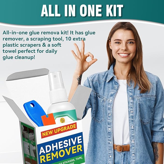 Adhesive Remover, 4.06 fl oz Super Glue Remover Spray with Scraper and Towel, Powerful Stickers Remover for Cars, Windows, Floors, Quickly Removes Any Stickers, Glue, Labels and Tape Residue