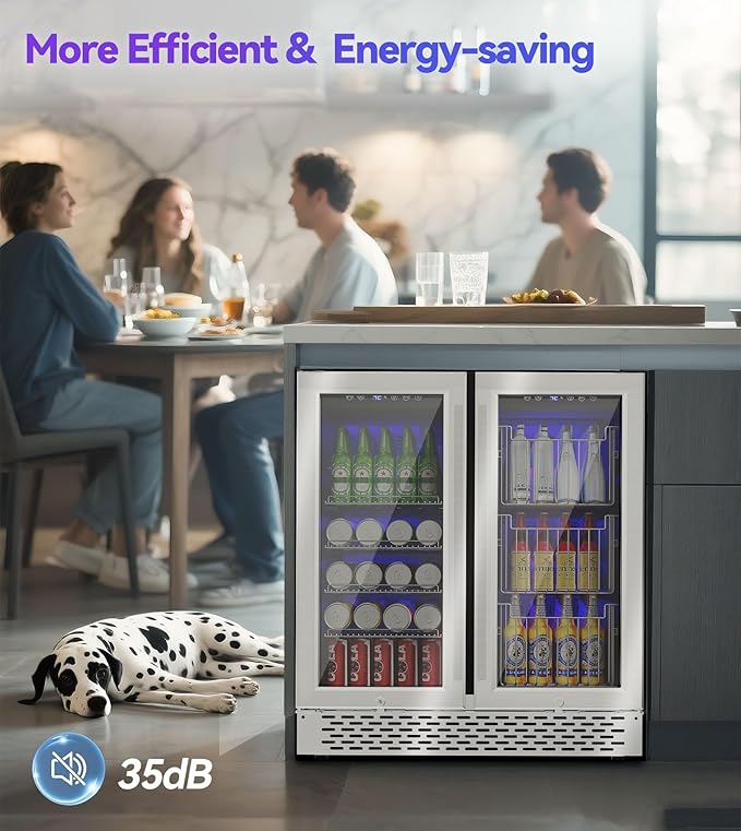 Dual Zone Beverage Refrigerator, 30'' Beverage Fridge with Detachable Basket, Intelligent Control Beverage Cooler with Glass Door Built-in or Freestanding with Blue LED Light, Hold 130 Can 60 Bottle