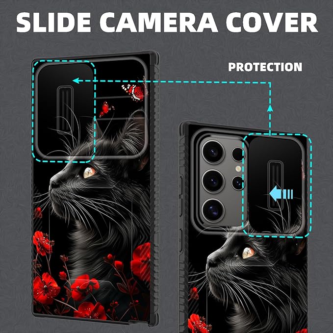 for Galaxy S26 Ultra Case Built in Slide Camera Lens Cover,Heavy Duty Shockproof Protection Dual Layer Case for Samsung Galaxy S26 Ultra 6.9" 2026,Black Cat Flowers and Butterflies