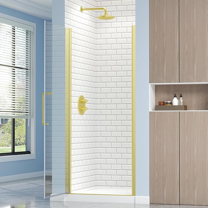 Frameless Pivot Shower Door 28.8-30" W X 72" H, 1/4" (6mm) Clear SGCC Tempered Glass, Hinged Pivot Swing Shower Door, Reversible Installation, Easy to Clean, Brushed Gold