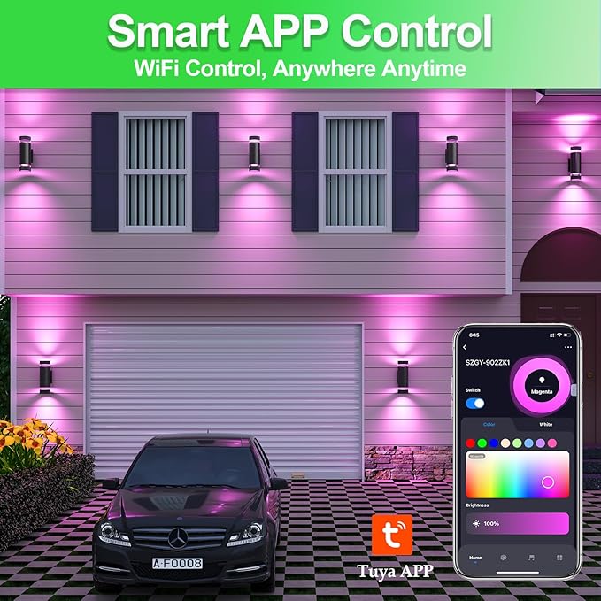 wowlite RGB Up and Down Lights Outdoor 2 Pack, Back Porch Lights Outdoor Wall Light Fixtures WiFi App Control, 2700k-6500k Cylinder Modern Wall Sconce Lights Color Changing LED Garage Light