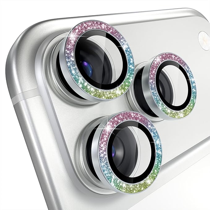 Misea Compatible for iPhone 17 Pro/iPhone 17 Pro Max Camera Lens Protector Bling, 9H Tempered Glass Camera Cover Screen Protector Metal Individual Ring Decoration Accessories, Colorful Glitter