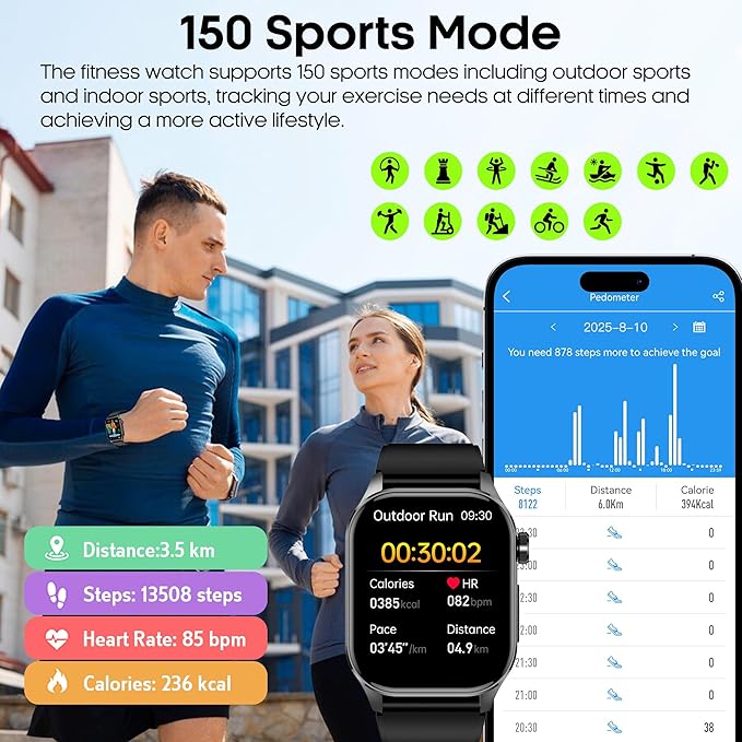 Smart Watch for Men Women with Bluetooth Calls, Blood Pressure Heart Rate Blood Oxygen Stress HRV Monitor Sleep Tracker, 150+ Sports Modes Fitness Tracker, IP68 Waterproof, Pedometer For Android/iOS