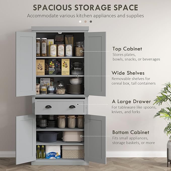 HOMCOM 72.5" Kitchen Pantry Cabinet, Traditional Freestanding Storage Cabinet with 4 Doors, Drawer and 3 Adjustable Shelves for Dining Room, Gray