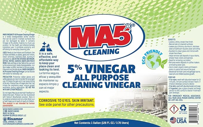 MA5x Vinegar 5% All-Purpose Cleaner | Industrial Strength, Eco-Friendly, Multi-Surface Cleaning Vinegar | Biodegradable, Non-Toxic, Made in USA | Gallon | Pack of 1