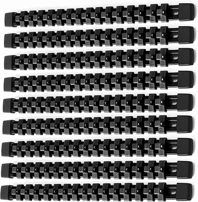 ALOANES 9PC ABS Socket Organizer, Socket Rails Fit 3/8 inch Drive, Heavy Duty Socket Holders Hold up to 135 Sockets, Black Rails with Black Clips