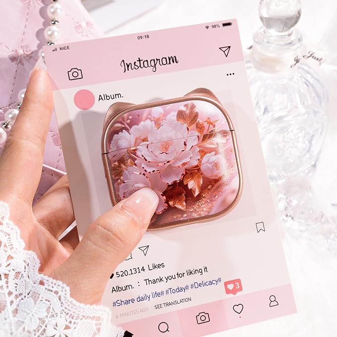 for AirPods 4 Case with Cleaning Kit, Cute Cat Ear Print Design & Cute Buckle, Inverted Phone Holder Design, Top Safe Lock Buckle Design, for Girls AirPods 4 case 2024, Rose Gold Peony