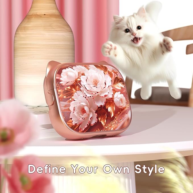 for AirPods Pro 2 Case with Cleaning Kit, Cute Cat Ear Print Design & Cute Buckle for Girls, Phone Holder & Top Safe Lock Buckle Design for AirPods Pro 2nd/1st Gen case, Rose Gold Peony