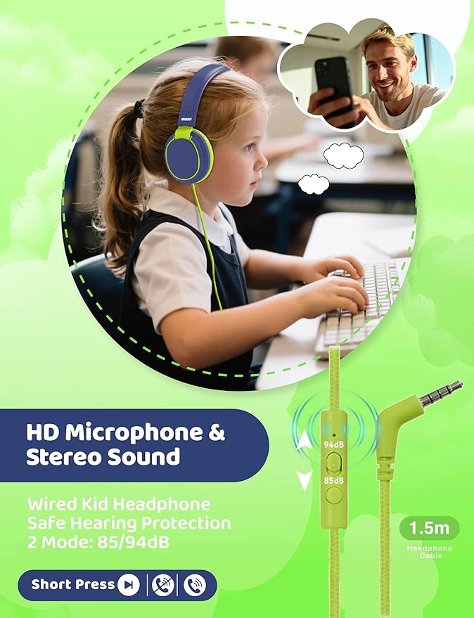 MIDOLA Volume Limited 85/110dB Kids Headphone Over-Ear/On-Ear Foldable Sound Noise Protection Headset with Inline AUX 3.5mm Cord w/Mic for Child School Cellphone Pad PC Notebook DeepBlueSky