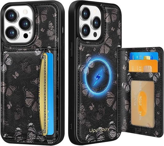 for iPhone 12/12 Pro Case with Wallet - Fits 4 Card Slots, Compatible with MagSafe for Women Aesthetic PU Leather Credit Card Holder Kickstand Phone Cover for Apple 12/12 Pro, Black Butterfly