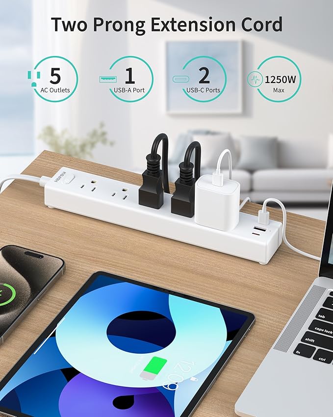 2 Prong Power Strip, 2 to 3 Prong Outlet Adapter with 1700J Surge Protection, 6ft Two Prong Extension Cord, 5 AC Outlets & 3 USB(5V 3.4A Max), Wall Mount for Non-Grounded Outlet, White