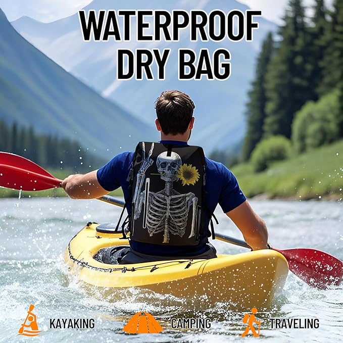 Waterproof Dry Bag Marine Dry Bags for Kayaking Hiking Skull Sunflower Black Backpack Roll-Top Closure Bag - Backpack Waterproof Phone Case 5L