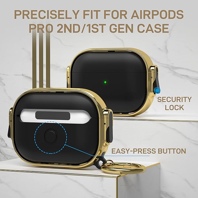 Maxjoy for AirPods Pro 2nd/1st Generation Case with Lock, Cute AirPods Pro 2 Case Lock Protective Hard AirPod Pro Cover for Women Men with Keychain for Airpod Pro (2023/2022/2019), Black/Gold