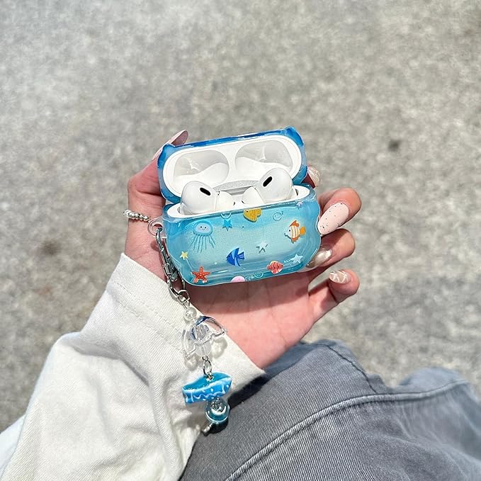 Compatible with AirPods 4 Case Soft TPU with Cleaner Kit Creative Cute Fish Star Keychain Shockproof Cover for Airpods 4th Generation(2024) -Blue