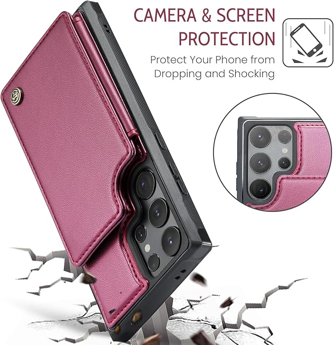 Bemal for Samsung Galaxy S25 Ultra Wallet Case with Card Holder, RFID Blocking, Shockproof Leather Kickstand for Men and Women, Durable Protective Phone Cover for 6.9", Wine Red