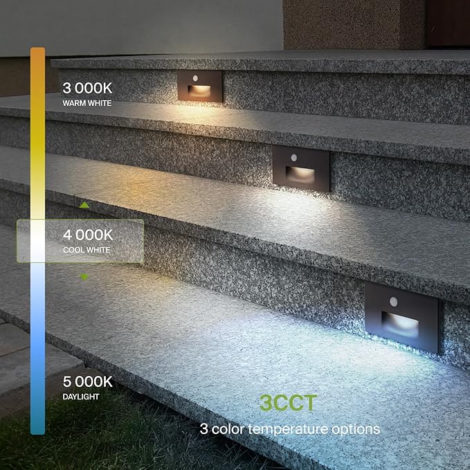 ASD LED Recessed Step Light Fixture, Outdoor & Indoor Tread Lighting | 3CCT, Motion Sensor, Waterproof, ETL Listed | 3W 120LM 3000K-5000K 120V | Staircase Hardwired Illumination | Dark Bronze, 4 Pack