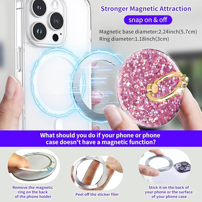 Magnetic Phone Ring Holder Compatible with MagSafe, Cute Phone Grip Stand with 360° Rotation Gold Glitter Finger Ring Kickstand Accessories for Most Phones Glitter Pink Pattern