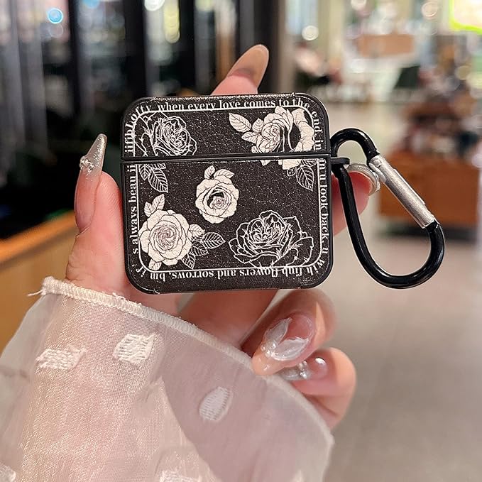 for AirPod 4 Case for Women Girls Cute Retro Flower Design with Keychain PU Leather Squre Shockproof Protective Cover Compatible with AirPods 4th Gen Case (Retro Rose Black)