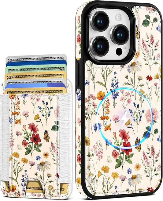 Shorogyt for iPhone 14 Pro Max Case Wallet - Fits 5 Cards, Compatible with Magsafe Detachable Magnetic Credit Card Holder Leather Cardholder Cute Phone Cover Women Girls for Apple 14 ProMax, Floral