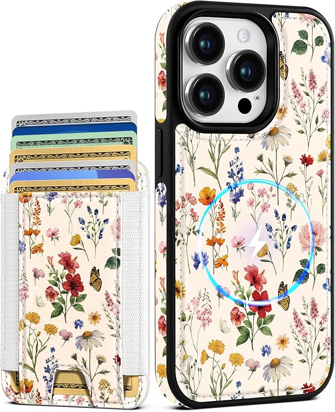 Shorogyt for iPhone 12 Pro Max Case Wallet - Fits 5 Cards, Compatible with Magsafe Detachable Magnetic Credit Card Holder Leather Cardholder Cute Phone Cover Women Girls for Apple 12 ProMax, Floral