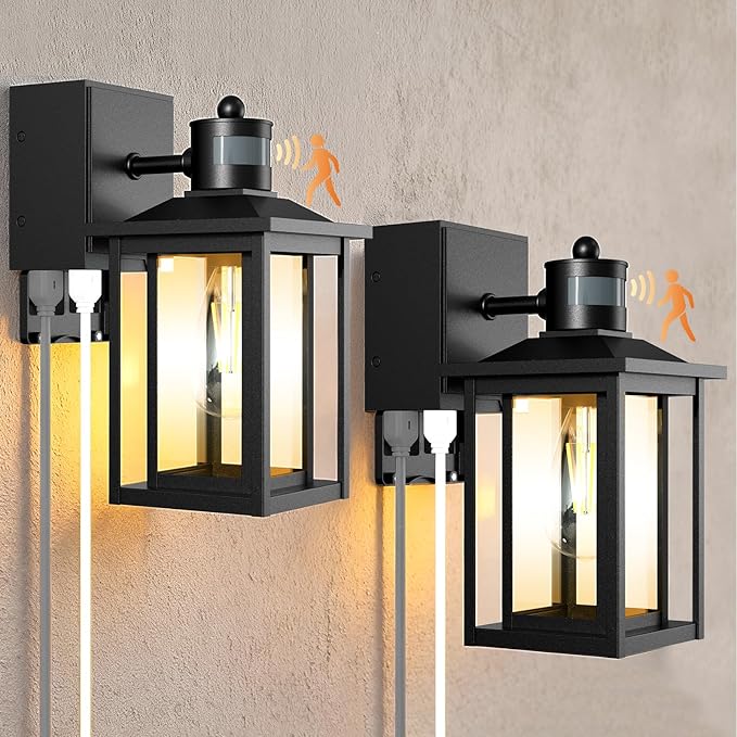 2-Pack Motion Sensor Outdoor Lights with GFCI Outlet Built-in, Exterior Porch Lights Wall Mount with 3 Modes, Anti-Rust Outside Lanterns for Home, Entry, Backyard, Patio, 120V