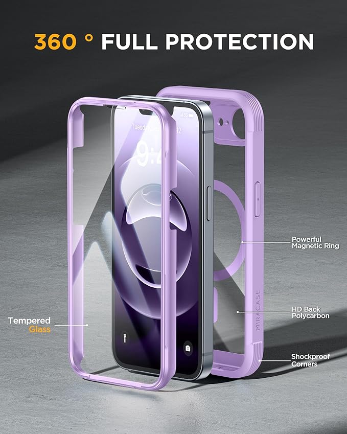 Miracase for iPhone 17e Case & iPhone 16e Case, Full-Body Phone with Built-in Glass Screen Protector, [Magnetic with MagSafe] Military Drop Proof 17 E/ 16 E Cover Bumper 6.1 inch, Purple