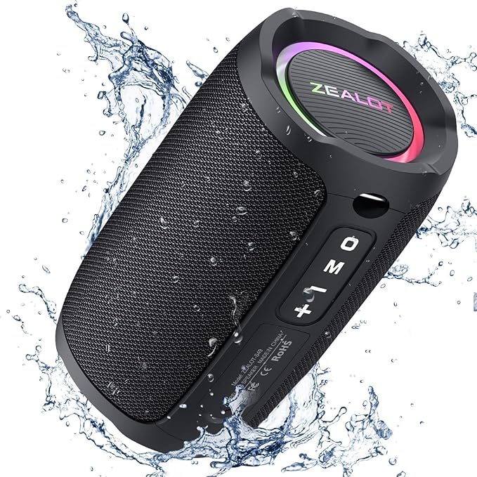 ZEALOT Portable Speaker 20W, Bluetooth Speaker Waterproof, Bocinas Bluetooth, IPX6 Waterproof, Wireless Pair, Clear Stereo Audio/BT5.2/ RGB Light/USB/TF, for Home/Outdoor/Beach