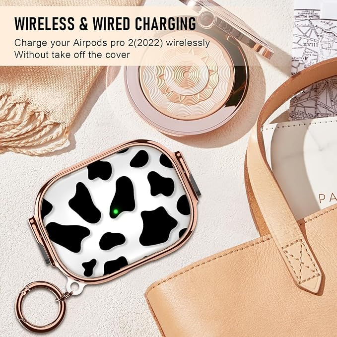 Maxjoy for Cute Airpods Pro 2 case with Safety Lock,Compatible Airpods Pro Case 2nd/1st Gen,Compatible Black Cow AirPods Case Cover for Women Girly with Keychain-Transparent