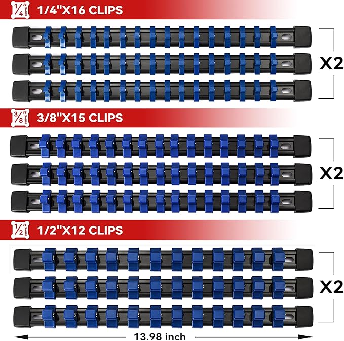 ALOANES 18PC ABS Socket Organizer, Socket Rails Fit 1/2 inch, 3/8 inch and 1/4 inch Drive, toHeavy Duty Socket Holders Hold up to 258 Sockets, Black Rails with Blue Clips