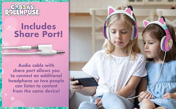 eKids Gabbys Dollhouse Kids Headphones with 3.5mm Jack, Wired Headphones with Adjustable Headband and Volume Control, Earphones for School, Home, or Travel (Gabby)